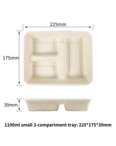 1100ml Small  3-Compartment tray with Lid| No PFAS | 400/Case
