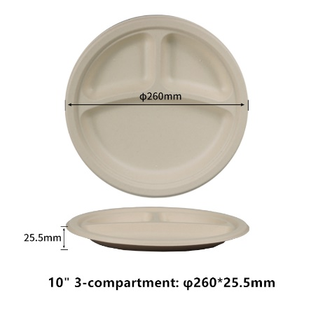 10" 3-Compt Compostable Fiber Round Plates | No PFAS | 500/Case