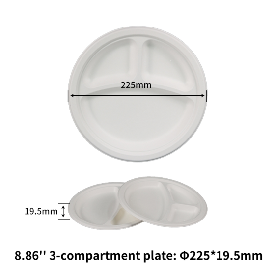 8.86" 3-Compt Compostable Fiber Round Plates | No PFAS | 500/Case