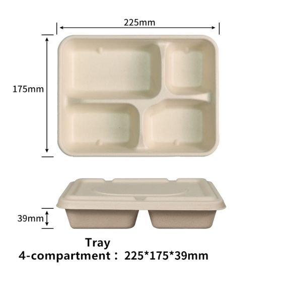 1100ml 4-Compt Compostable Fiber School Lunch Trays with Lid | No PFAS | 400/Case