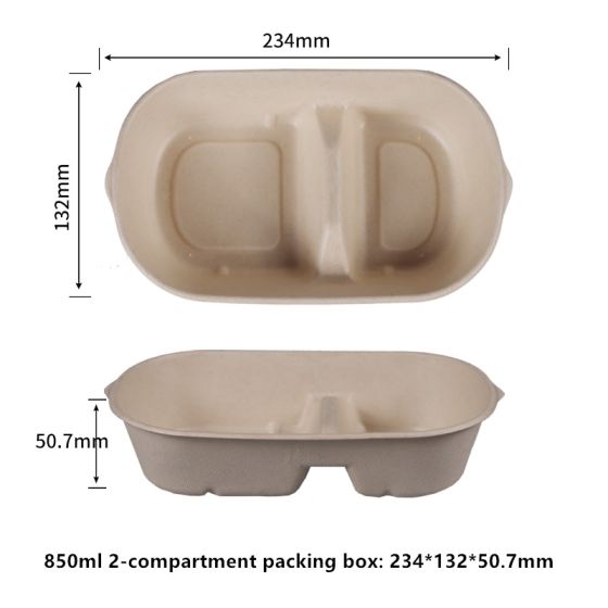 850ml 2-Compt  Compostable Fiber  packing box with lid | No PFAS | 500/Case