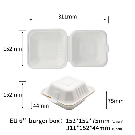 EU-6" Compostable Fiber Burger Clamshells | No PFAS | 500/Case