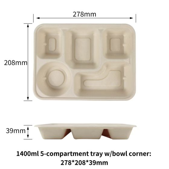 1400ml 5-Compartment Fiber Serving Trays w/ Cup Holder | No PFAS | 200/Case