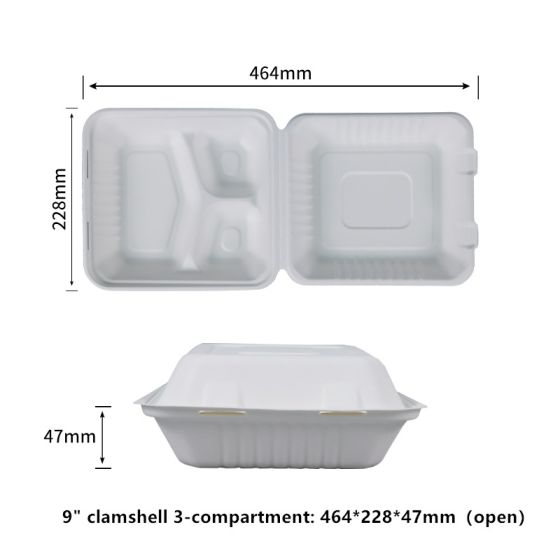 9" 3-Compt  Compostable PLA-Lined Fiber Clamshells | No PFAS | 200/Case