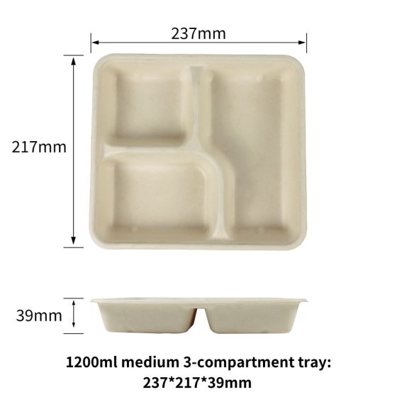 1200ml Medium  3-Compartment tray with Lid| No PFAS | 300/Case