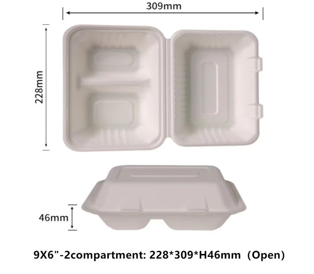 9x6" 2-Compt Compostable Fiber Clamshells | No PFAS | 200/Case