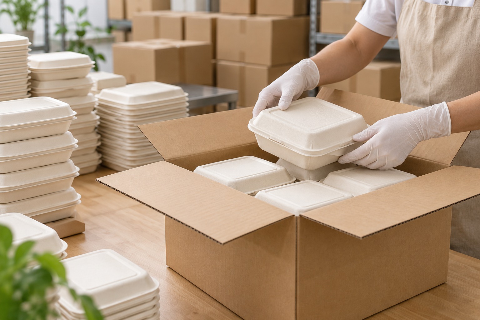 Finished packaging packed into cartons for shipment